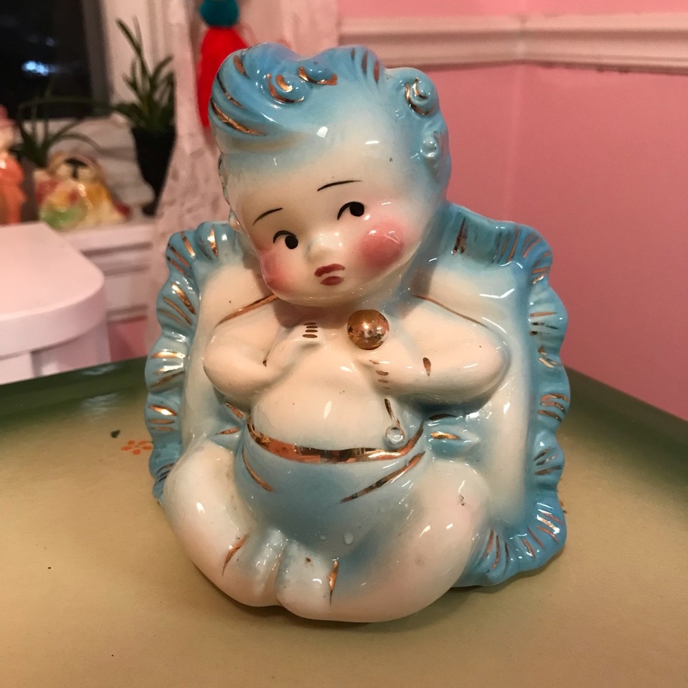 Vintage MCM Hull Blue Baby Planter Baby/cherub w/Rattle Gold Trim 92-USA